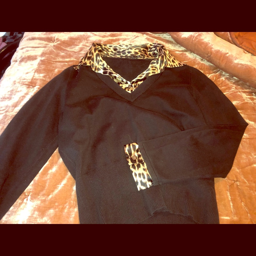 Black Sweater with Leopard Satin Collar